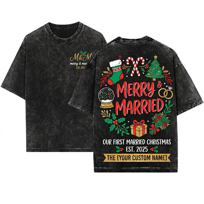 Merry Married Newlywed Custom Name Couples Holiday Wedding Christmas Xmas Line Art Sublimation PNG Unisex Wash T-Shirt
