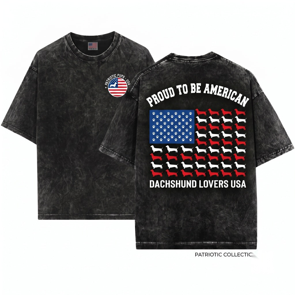 Distressed Patriotic Dachshund Wiener Dog American Flag USA 4th Of July Doxie Sausage Funny Gift Unisex Wash T-Shirt