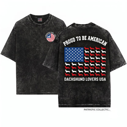 Distressed Patriotic Dachshund Wiener Dog American Flag USA 4th Of July Doxie Sausage Funny Gift Unisex Wash T-Shirt