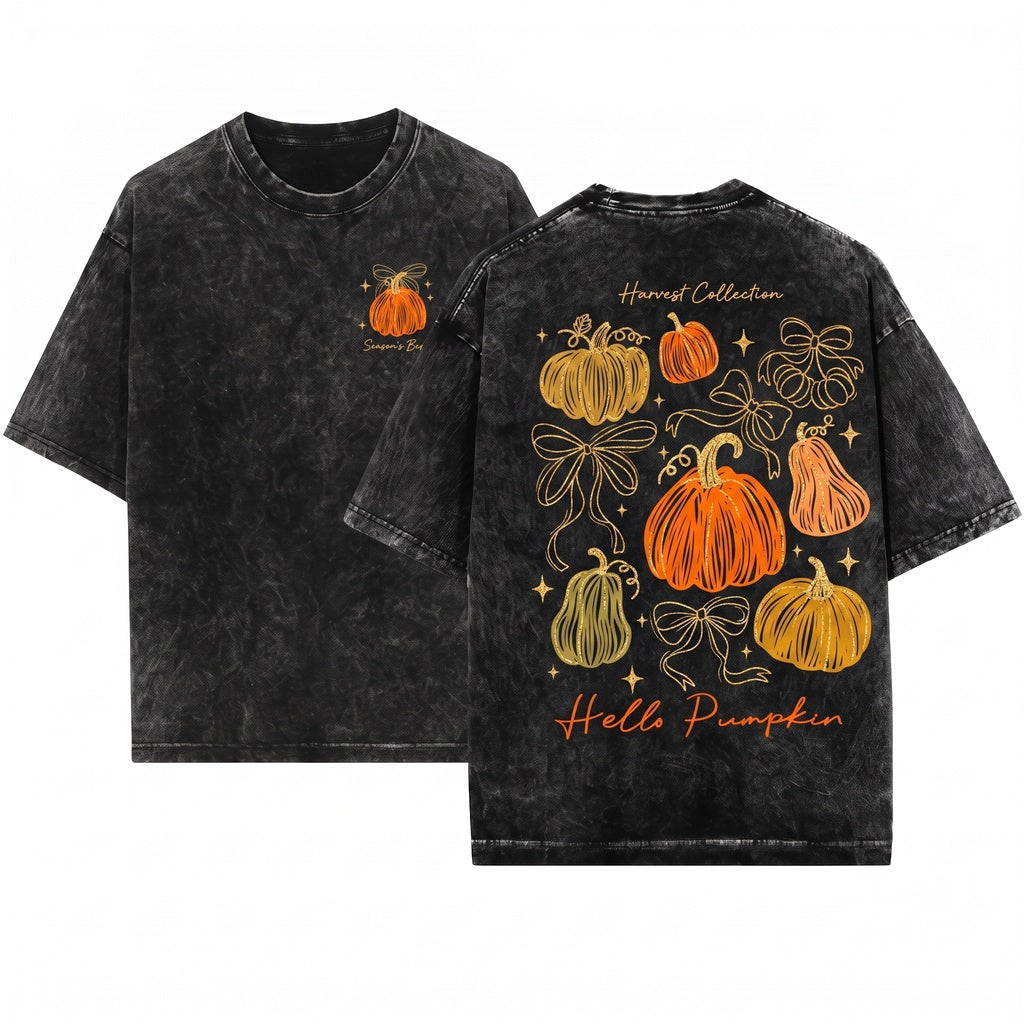 Glitter Orange Pumpkin Bow Doodles Fall Harvest Thanksgiving Season Unisex Wash T-Shirt