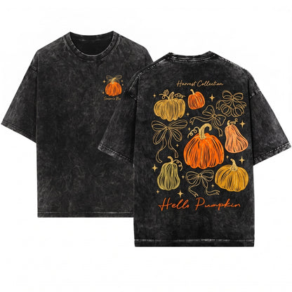 Glitter Orange Pumpkin Bow Doodles Fall Harvest Thanksgiving Season Unisex Wash T-Shirt