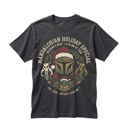 Galactic Bounty Hunter & Green Child Christmas Comic Poster Holiday Vacation 2026 Graphic Unisex TShirt