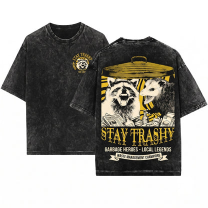Stay Trashy Raccoon Opossum Funny Possum Vintage Graphic Meme Animal Humor Cute Unisex Wash T-Shirt