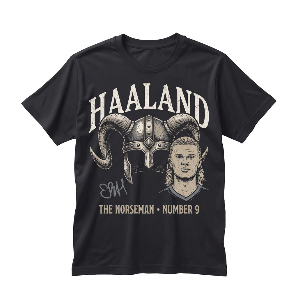 Norwegian Star Striker Graphic Portrait Football Fan Cotton Apparel Black Unisex TShirt