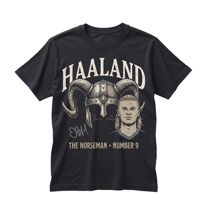 Norwegian Star Striker Graphic Portrait Football Fan Cotton Apparel Black Unisex TShirt