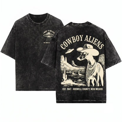 Vintage Retro Cowboy Alien UFO Greyhound Whippet Dog Lovers Funny Western Mom Dad Gift Unisex Wash T-Shirt