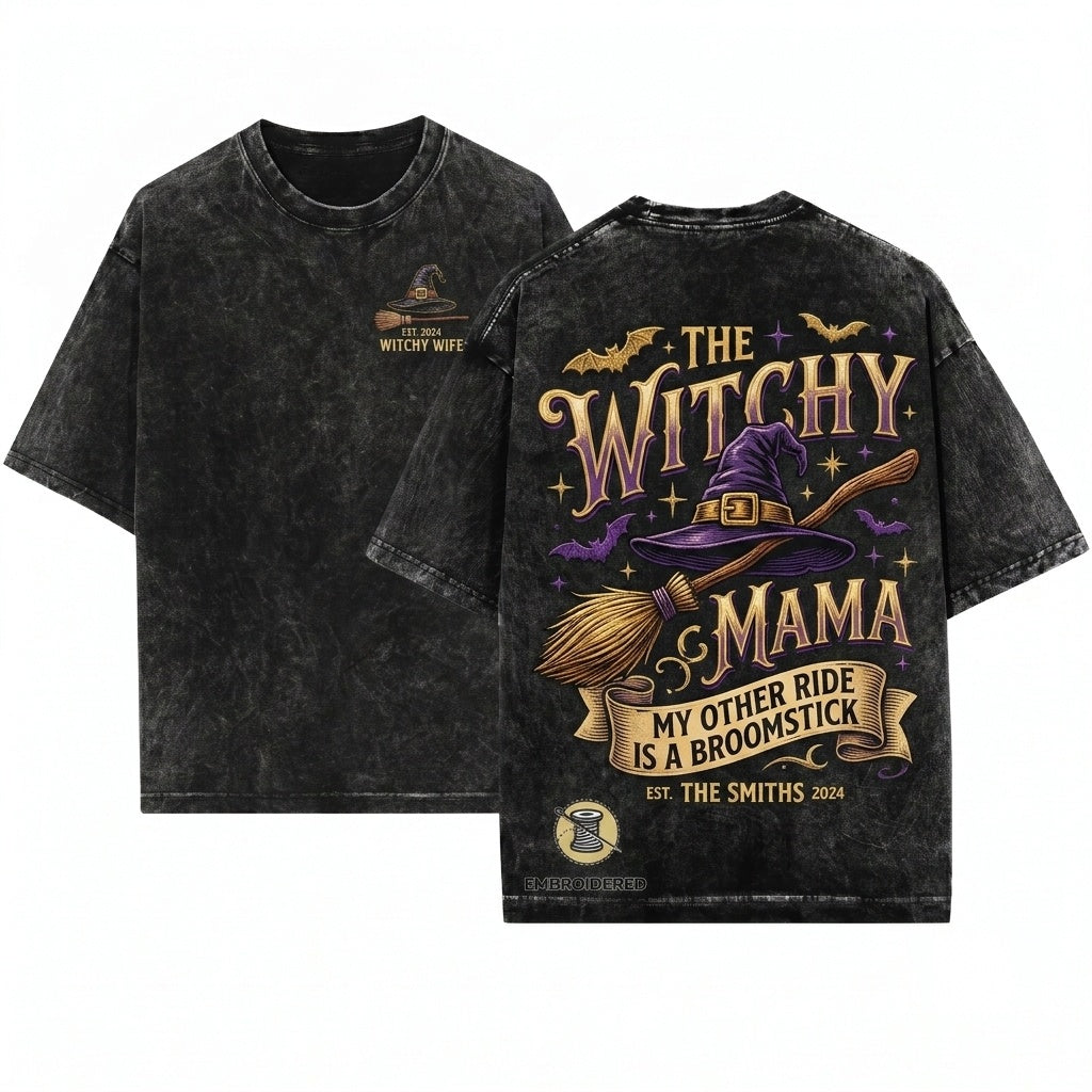 Customized Personalized Halloween Spooky Teacher Mrs Smith Embroidered Witch Hat Broom Crewneck Sweatshirt Gift Unisex Wash