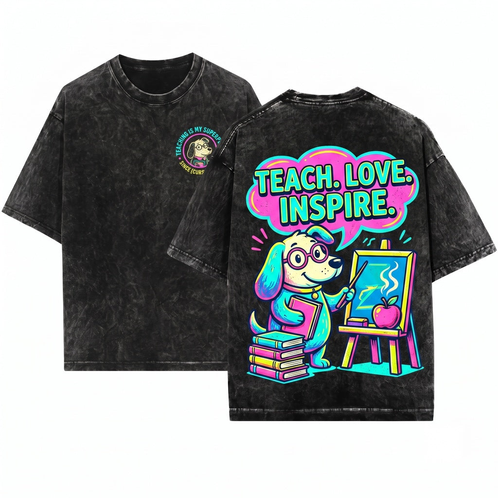 Whimsical Mouse Blackboard Graphic Teach Love Inspire Teacher Book Educator School Gift Unisex Wash T-Shirt