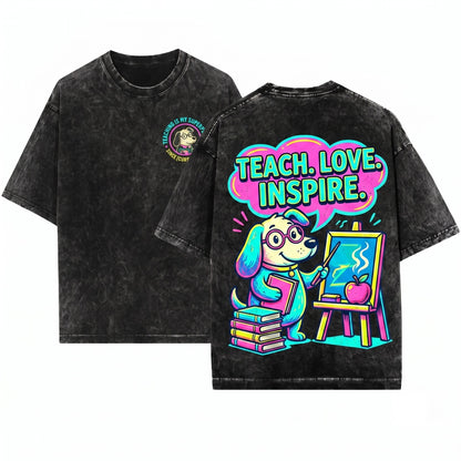 Whimsical Mouse Blackboard Graphic Teach Love Inspire Teacher Book Educator School Gift Unisex Wash T-Shirt