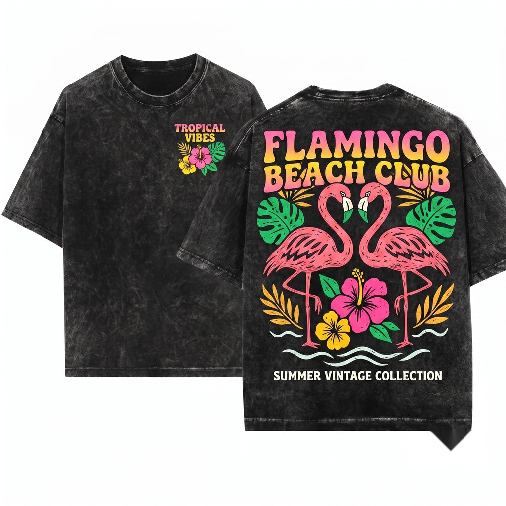 Flamingo Summer Graphic Front Back Print Oversized Pink Tropical Unisex Wash T-Shirt