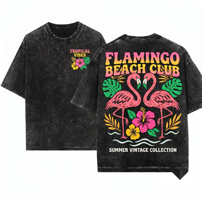 Flamingo Summer Graphic Front Back Print Oversized Pink Tropical Unisex Wash T-Shirt