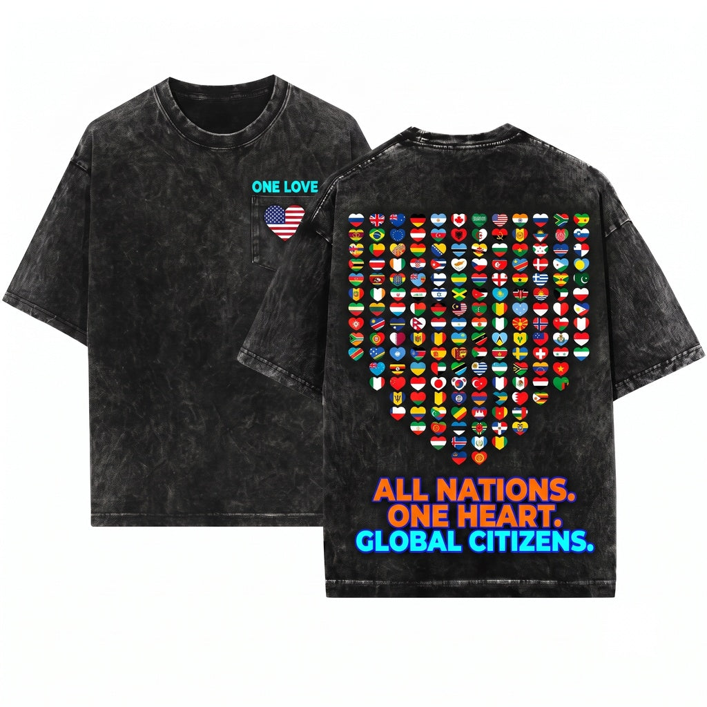 Heart Flags All Countries World International Unity Peace Cultural Pride Global Travel Gift Graphic Apparel Unisex Wash T-Shirt