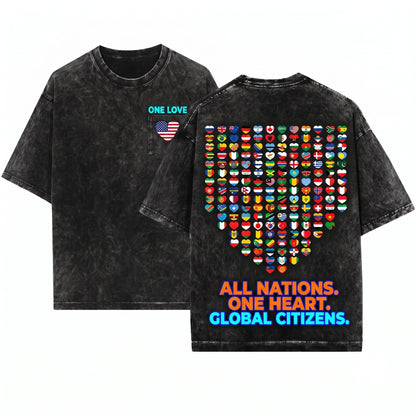 Heart Flags All Countries World International Unity Peace Cultural Pride Global Travel Gift Graphic Apparel Unisex Wash T-Shirt
