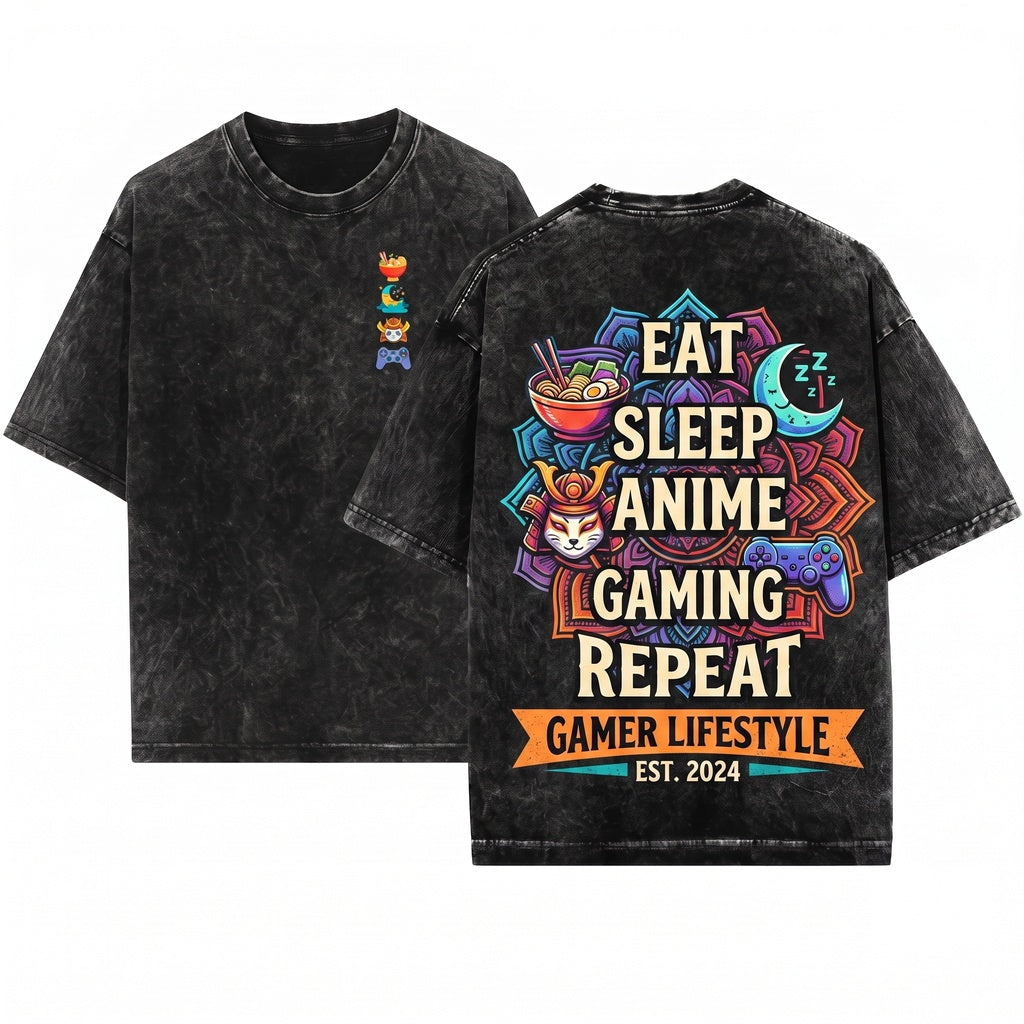 Eat Sleep Anime Gaming Repeat Video Gamer Kawaii Otaku Japanese Manga Cosplay Aesthetic Gift Unisex Wash T-Shirt