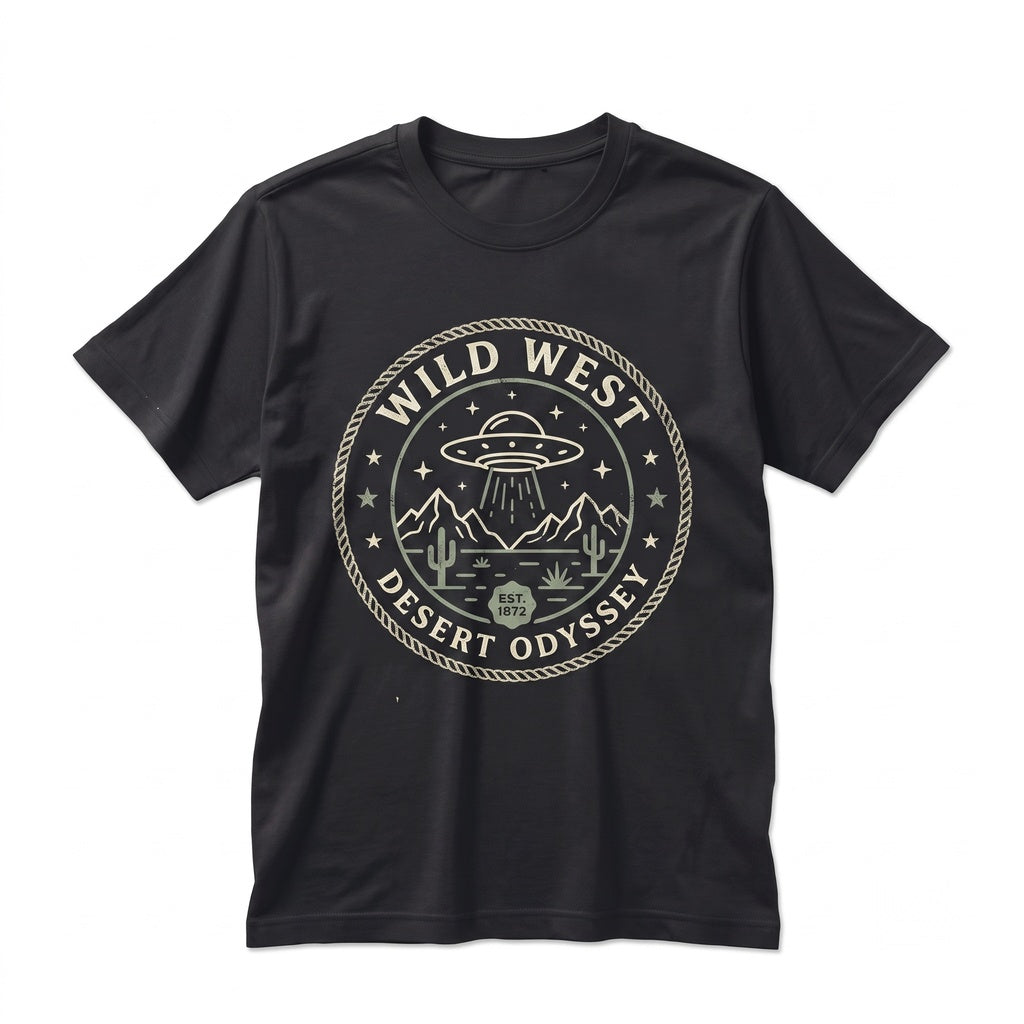 Retro Wild West UFO Graphic Desert Alien Sci-Fi Cowboy Cotton Unisex TShirt