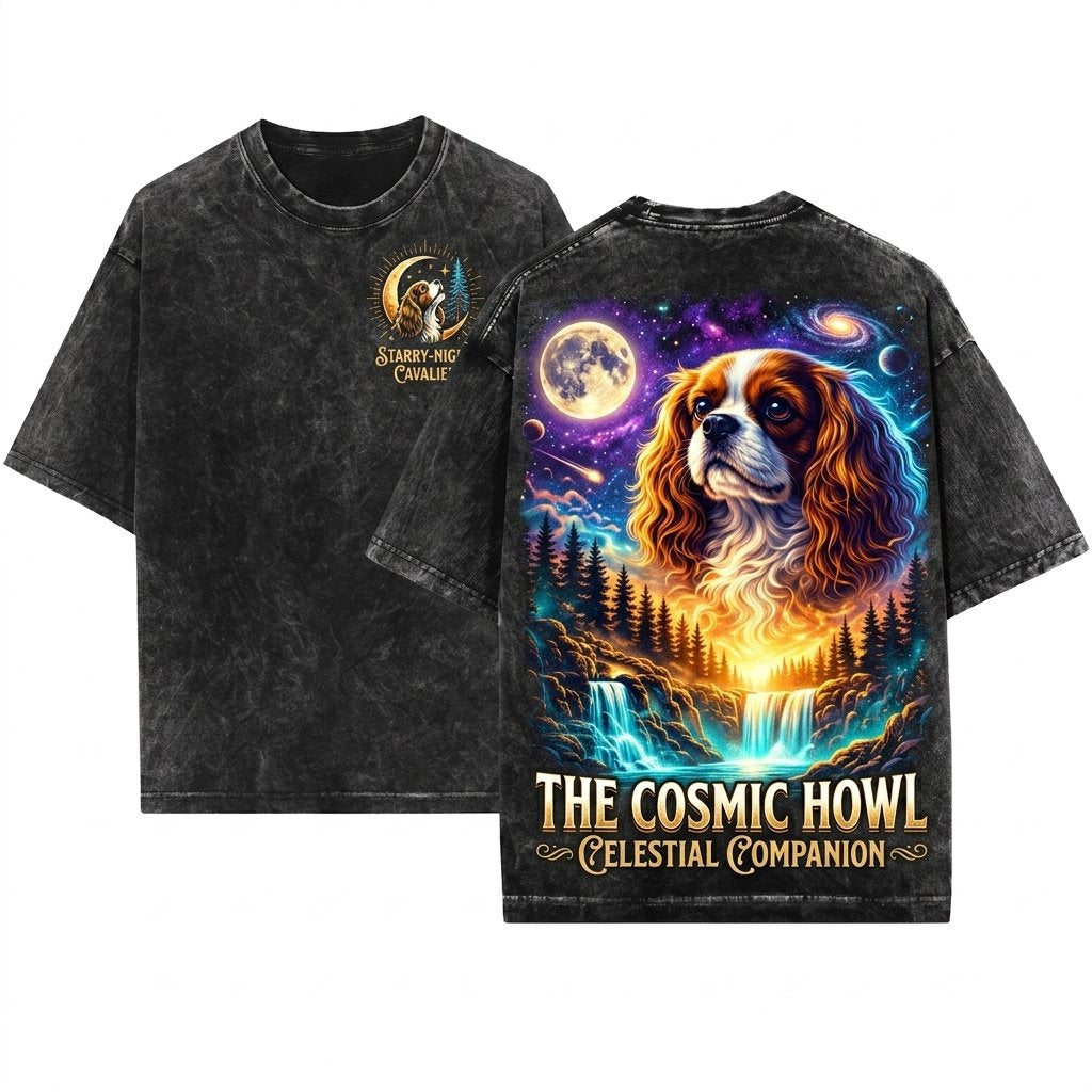 Cavalier King Charles Spaniel Howling Moon Vintage 90s Retro Animal Graphic Unisex Wash T-Shirt