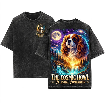 Cavalier King Charles Spaniel Howling Moon Vintage 90s Retro Animal Graphic Unisex Wash T-Shirt