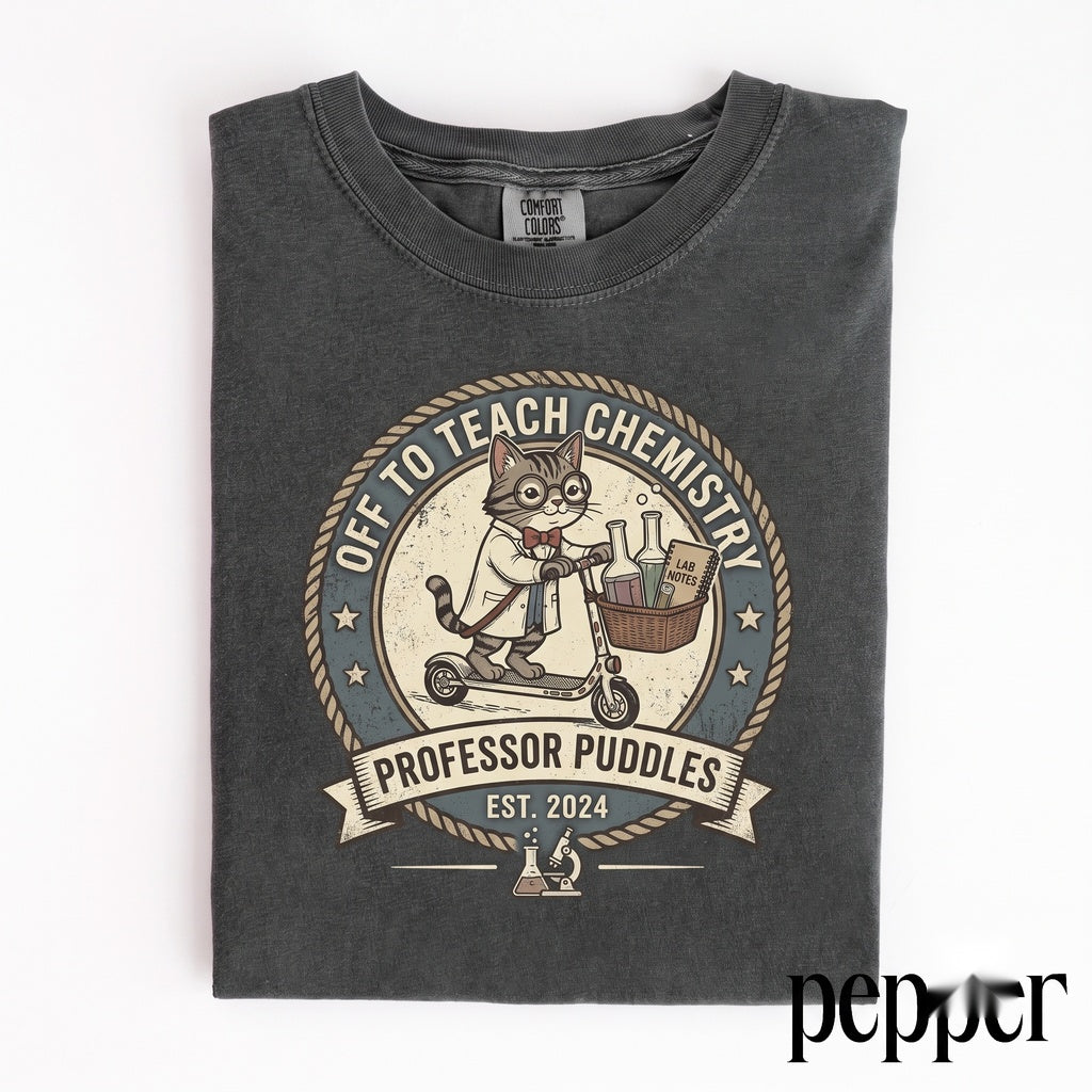 Science Cat Scooter Graphic Chemistry Teacher Laboratory Humor Nerdy Classroom Experiment Gift Apparel Unisex TShirt