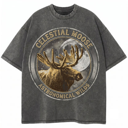 Three Moose Retro Moon Graphic Oversized Washed Vintage Funny Unisex TShirt