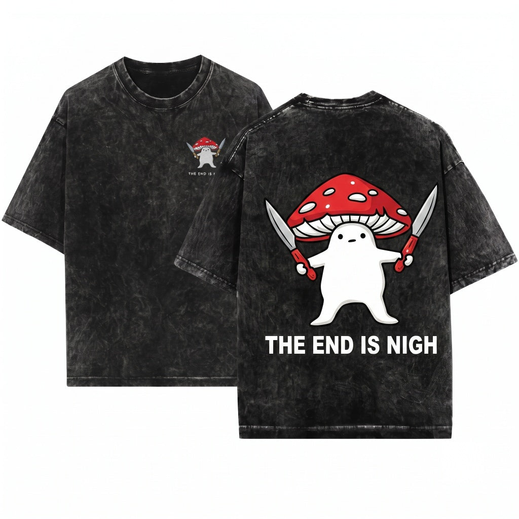 The End Is Nigh Funny Mushroom Knives Chaotic Meme Graphic Unisex Wash T-Shirt