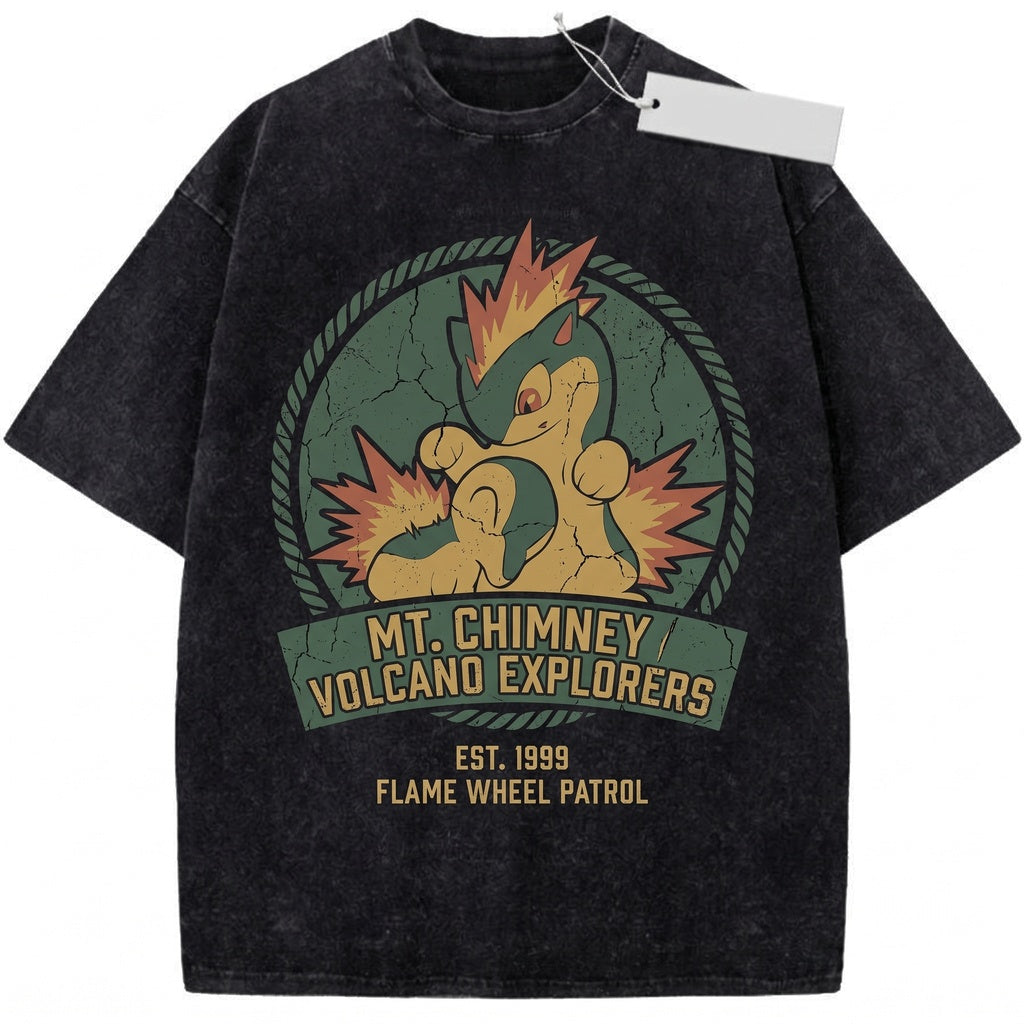 Cyndaquil Vintage Washed Fire Monster Graphic Retro Japanese Oversized Streetwear Gamer Gift Unisex TShirt