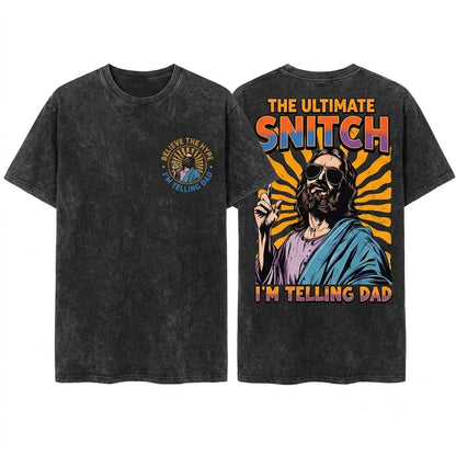 I’m Telling Dad Funny Jesus Sunglasses Graphic Vintage Christian Religious Meme Gift Unisex Wash T-Shirt