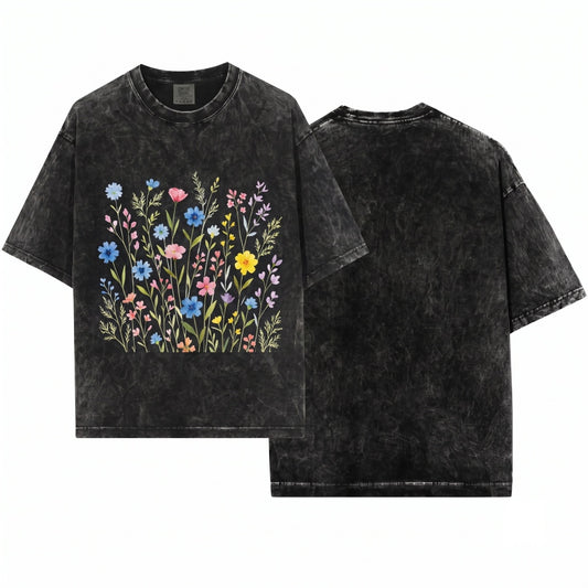 Wildflowers Vintage Retro Floral Print Blooms Soft Cottagecore Boho Botanical Unisex Wash T-Shirt