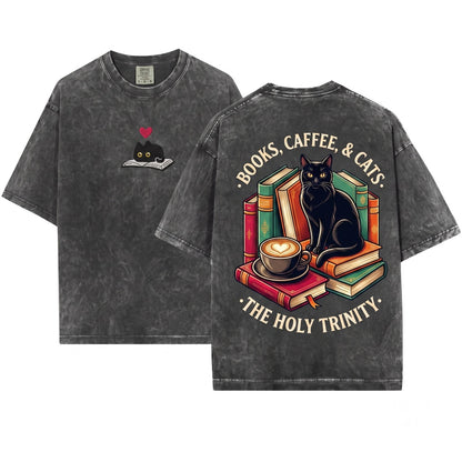 Embroidered Black Cat Cozy Book Club Reader Gift Unisex Wash T-Shirt