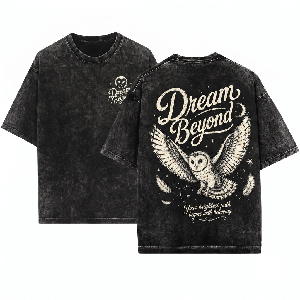 Dream Beyond Owl Inspirational Celestial 100% Cotton Graphic Unisex Wash T-Shirt