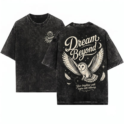 Dream Beyond Owl Inspirational Celestial 100% Cotton Graphic Unisex Wash T-Shirt