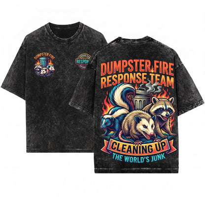 Dumpster Fire Response Team Funny Raccoon Opossum Meme Chaos Sarcastic Graphic Humor Unisex Wash T-Shirt
