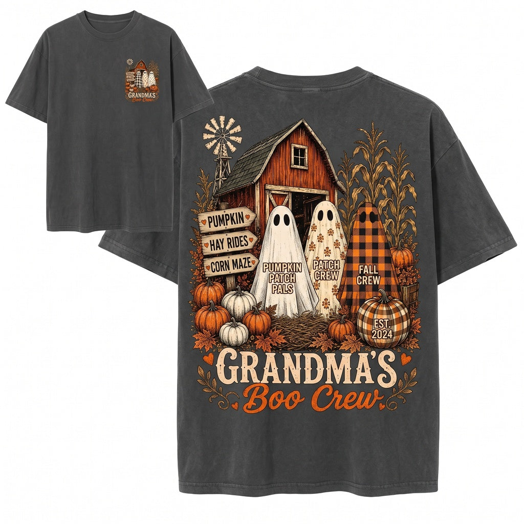Customized Grandmas Boo Crew Pumpkin Patch Trio Ghost Sweatshirt Unisex Wash T-Shirt