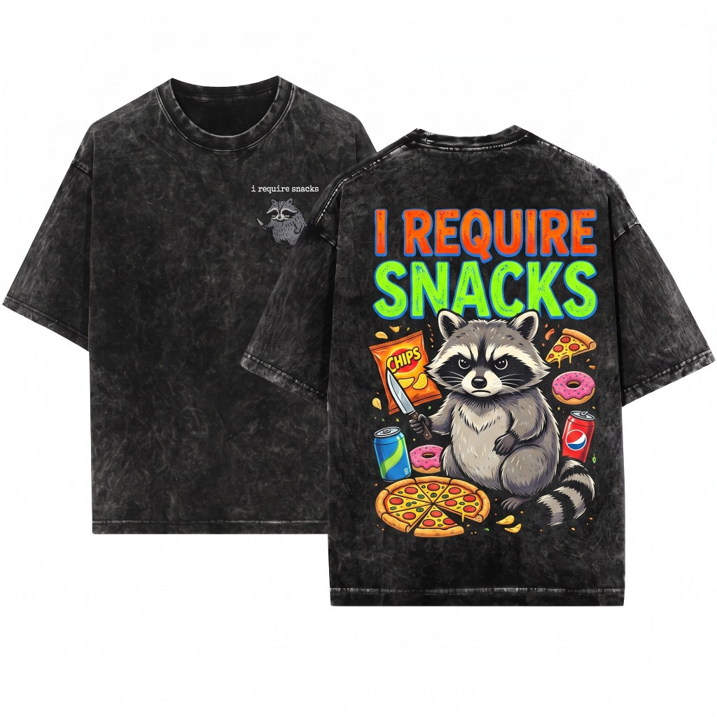 Embroidered Feral Raccoon Cozy Snack Lover Funny Gift Oversized Graphic Apparel Unisex Wash T-Shirt
