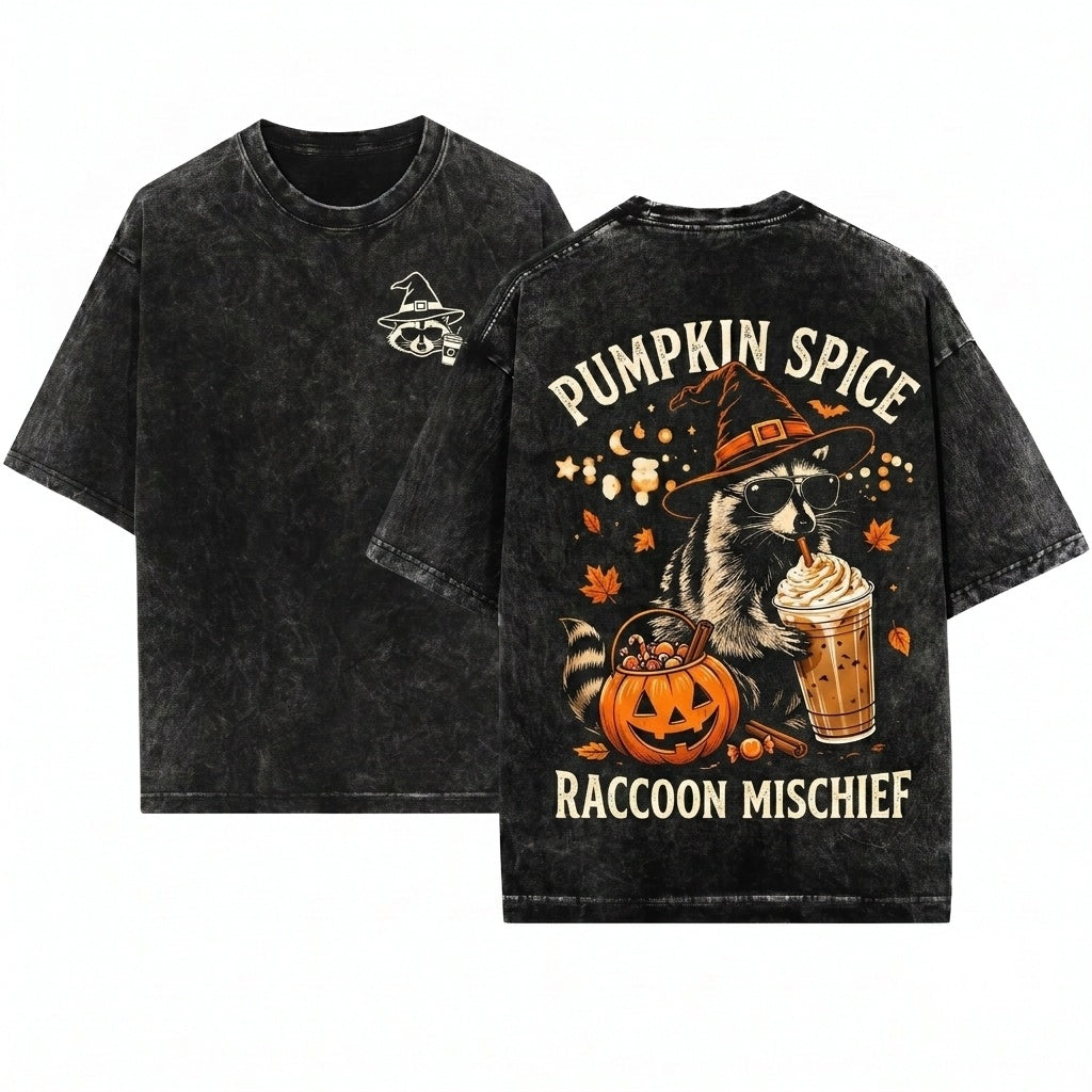 Halloween Raccoon Drinking Pumpkin Spice Coffee Lover Cute Witch Spooky Fall Autumn Gift Graphic Unisex Wash T-Shirt