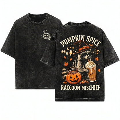 Halloween Raccoon Drinking Pumpkin Spice Coffee Lover Cute Witch Spooky Fall Autumn Gift Graphic Unisex Wash T-Shirt