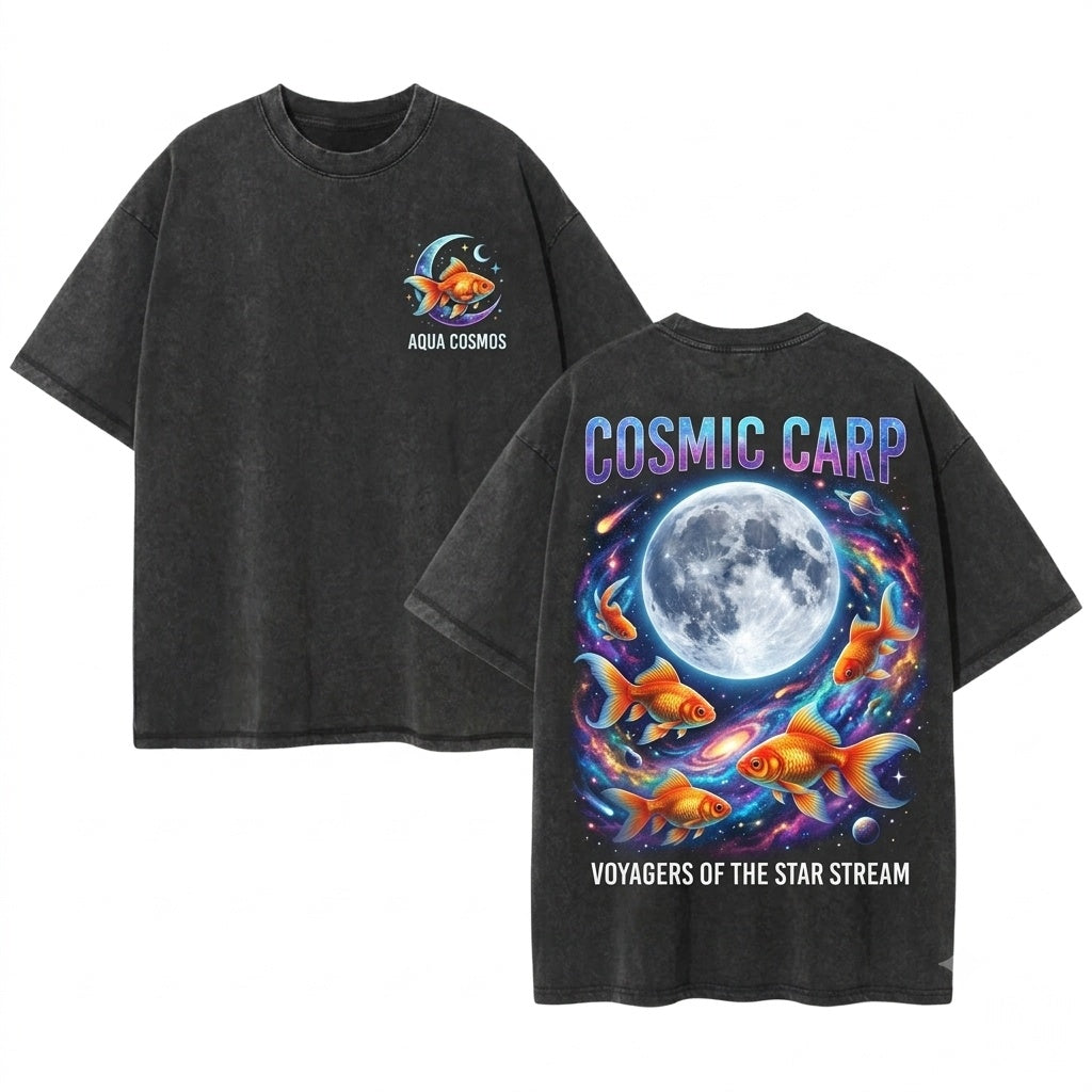 Three Goldfish Retro Moon Graphic Meme Funny Vintage Oversized Fish Lovers Unisex Wash T-Shirt