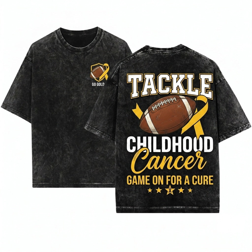 Tackle Childhood Cancer Football Gold Ribbon Awareness Unisex Wash T-Shirt