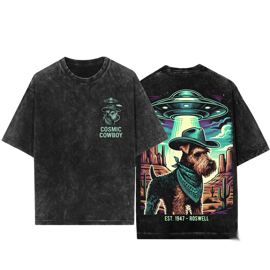 UFO Alien Welsh Terrier Western Cowboy Ranch Country Gift for Dog Mom Dad Unisex Wash T-Shirt