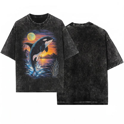 Orca Midnight Vintage Style Retro Ocean Moonlight Lightning 90s Marine Life Graphic Unisex Wash T-Shirt