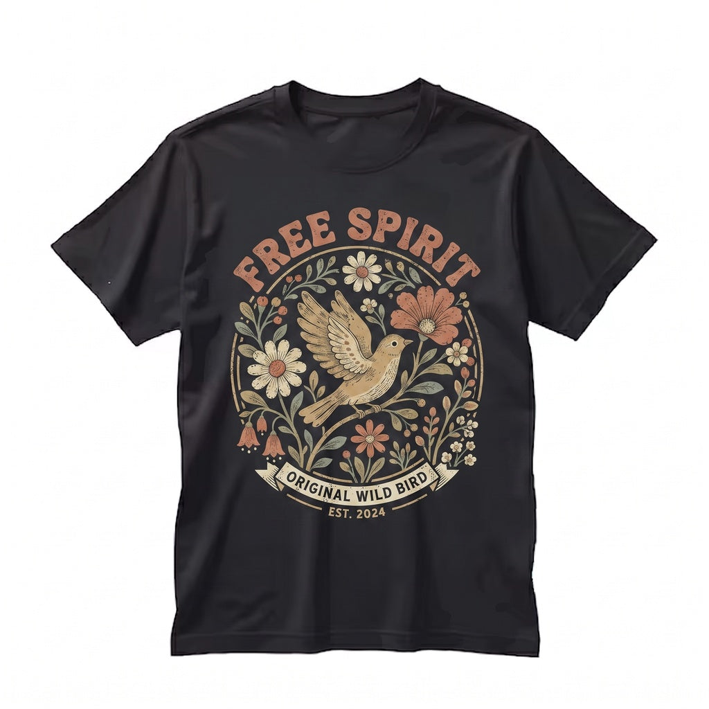 Bohemian Distressed Bird Floral Graphic Vintage Nature Unisex TShirt