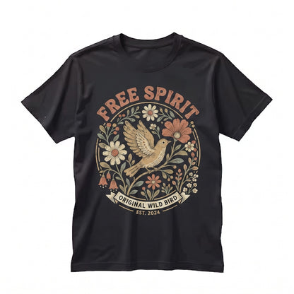 Bohemian Distressed Bird Floral Graphic Vintage Nature Unisex TShirt