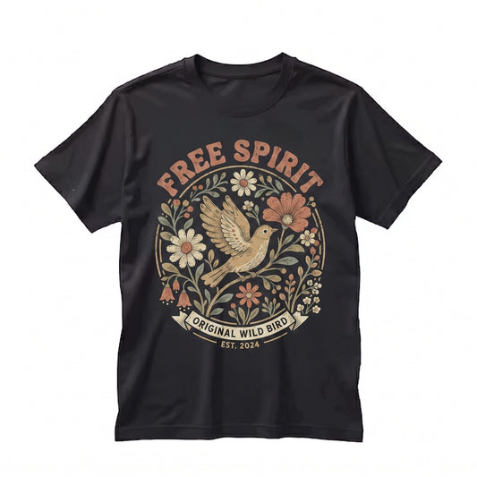 Bohemian Distressed Bird Floral Graphic Vintage Nature Unisex TShirt