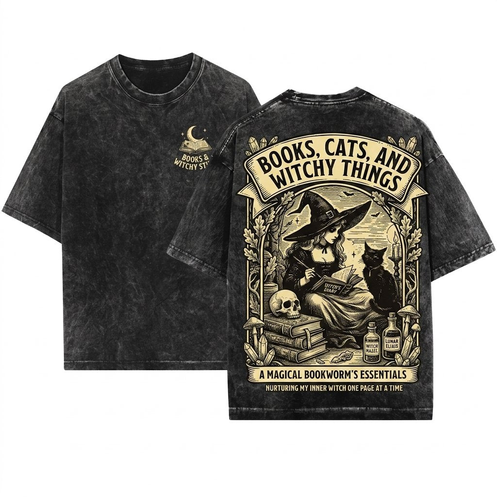 Books Cats Witchy Stuff Cute Halloween Mystic Salem Girlfriend Unisex Wash T-Shirt