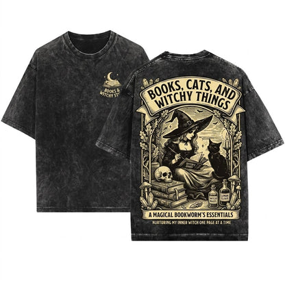 Books Cats Witchy Stuff Cute Halloween Mystic Salem Girlfriend Unisex Wash T-Shirt