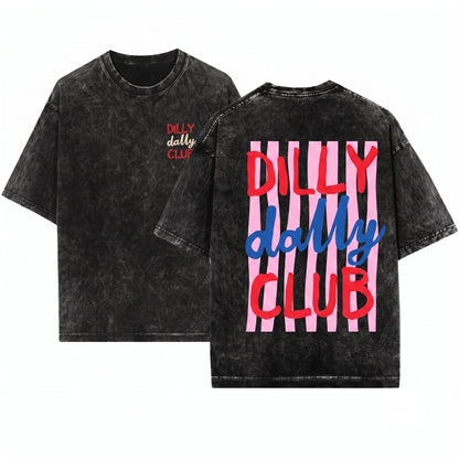 Dilly Dally Club Preppy Graphic Striped Design Womens Trendy Crewneck Unisex Wash T-Shirt