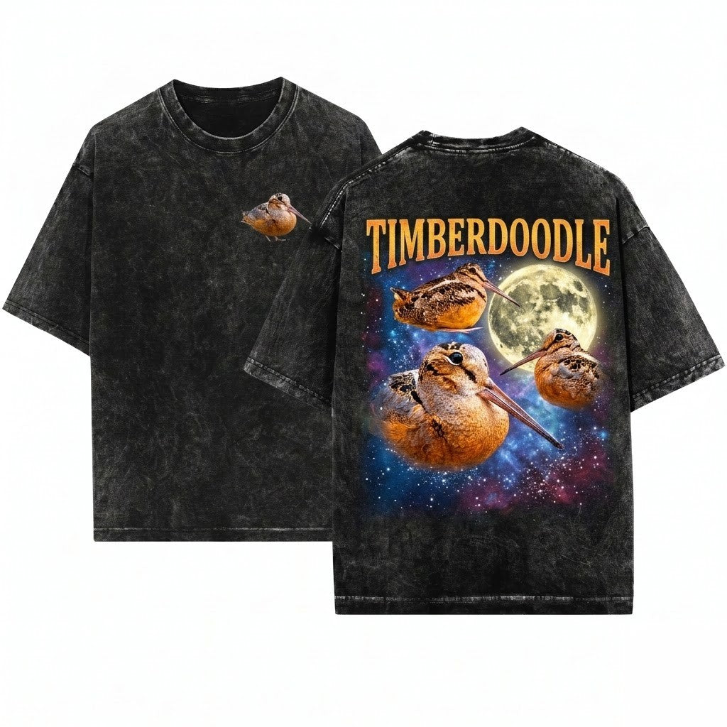 Three Meep Bird American Woodcock Moon Vintage Timberdoodle Galaxy Retro Cosmic Graphic Top Birder Gift Unisex Wash T-Sh