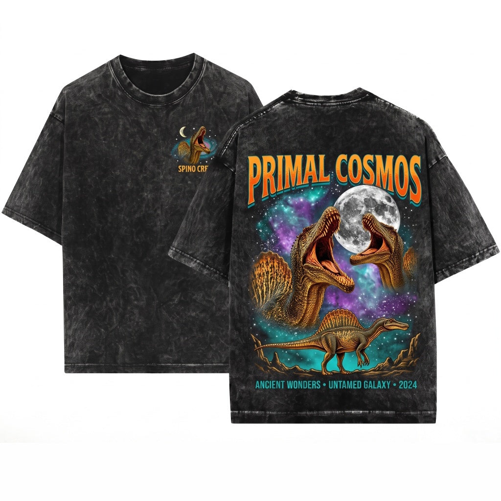 Funny Three Spinosaurus Moon Galaxy Prehistoric Dinosaur Retro Graphic Unisex Wash T-Shirt