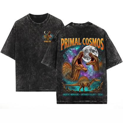 Funny Three Spinosaurus Moon Galaxy Prehistoric Dinosaur Retro Graphic Unisex Wash T-Shirt