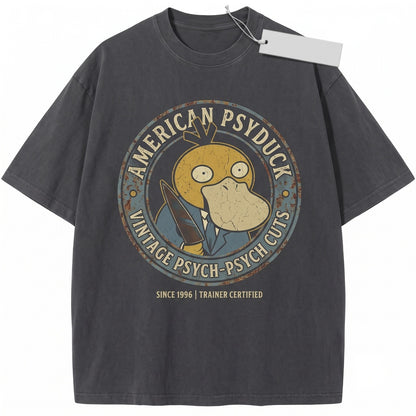 Vintage Psyduck Acid Washed Graphic Top, Funny Retro Japanese Anime Manga Oversized Streetwear Gift Unisex TShirt