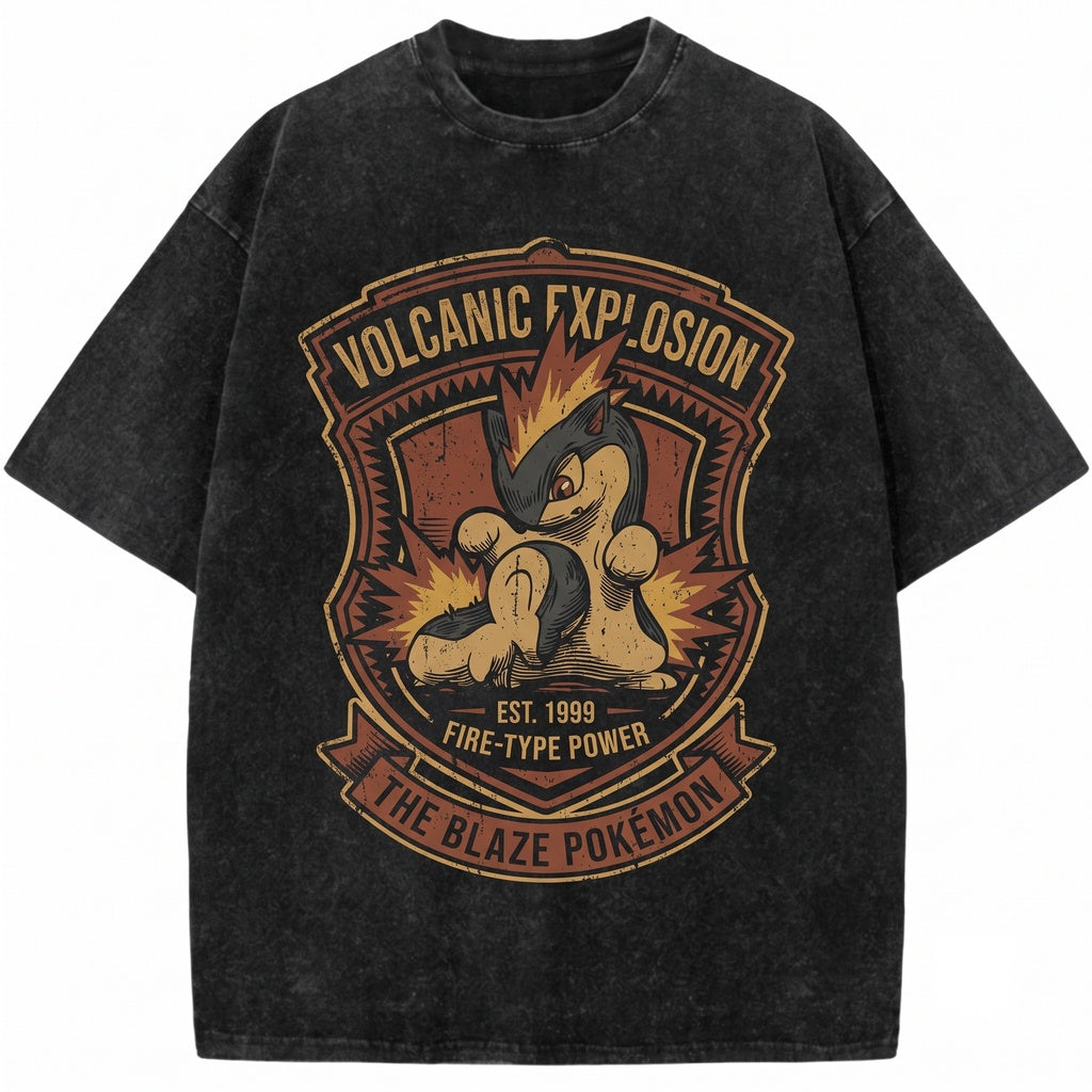 Cyndaquil Vintage Washed Fire Monster Graphic Retro Japanese Oversized Streetwear Gamer Gift Unisex TShirt